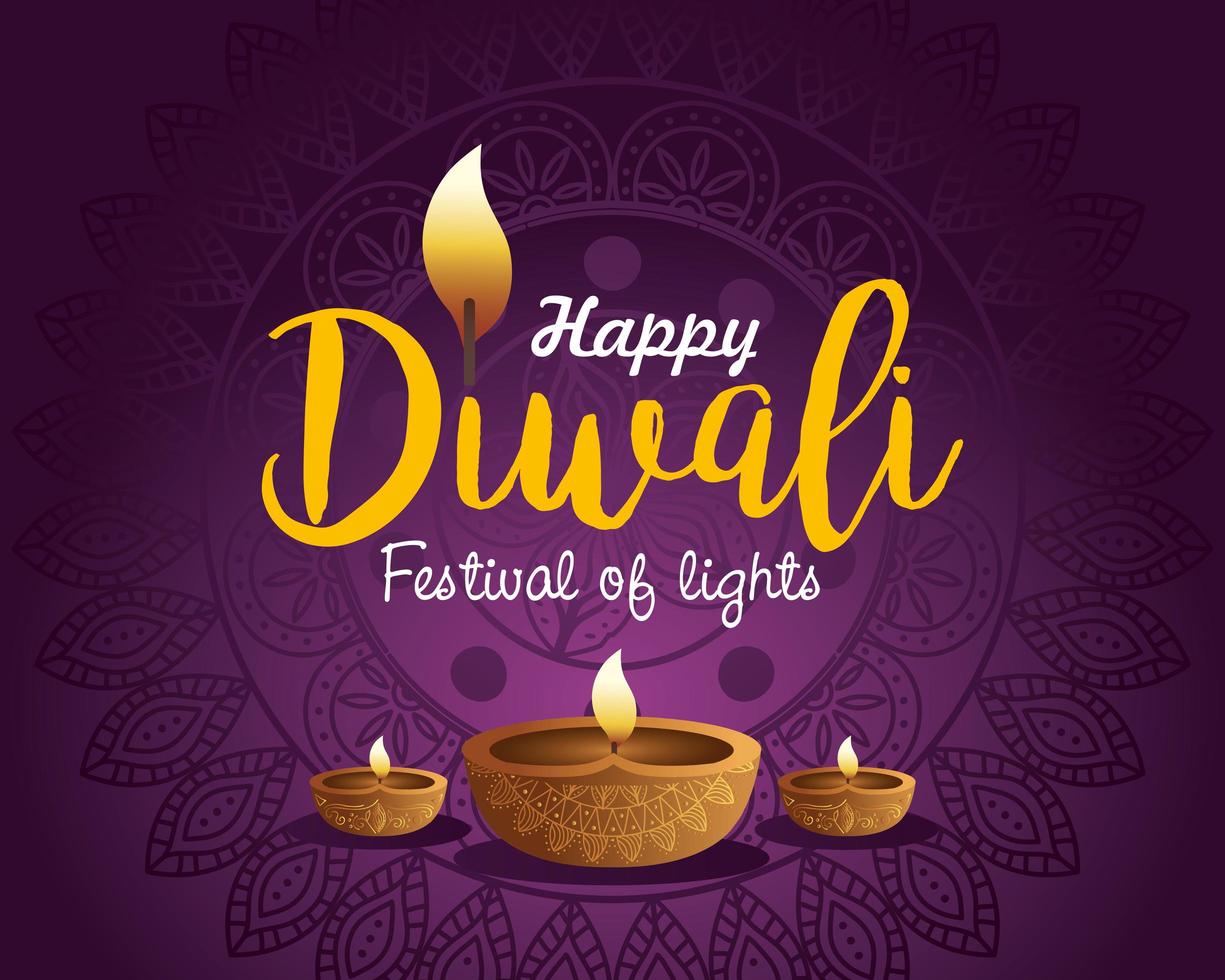 joyeux diwali diya bougies avec mandala sur la conception de vecteur de fond violet