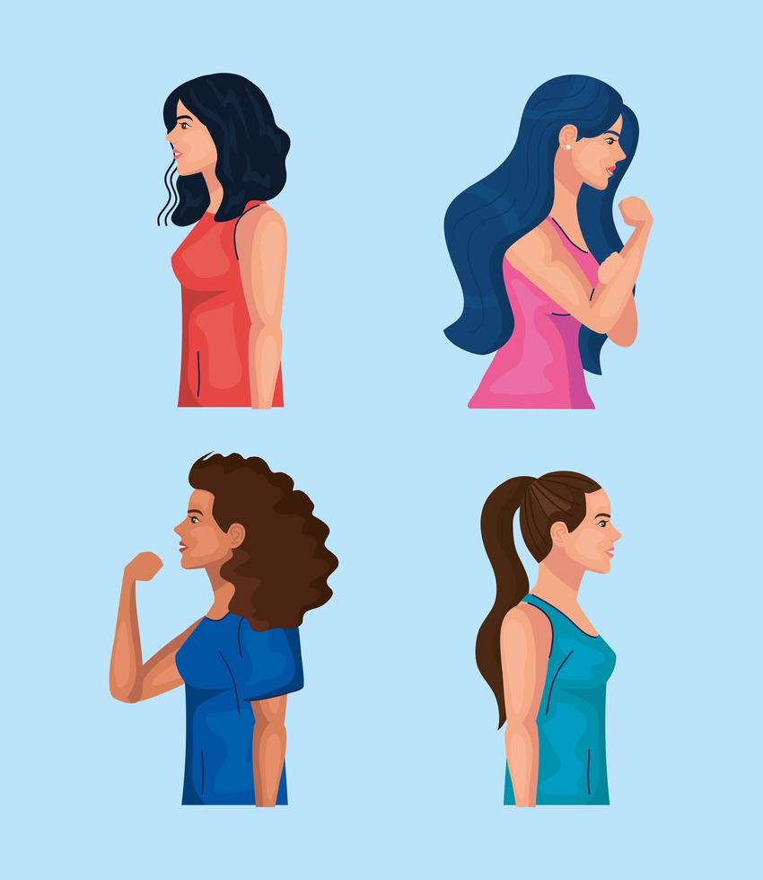 autonomisation des femmes avec des dessins animés de femmes du côté faisant la conception de vecteur de signe de muscle