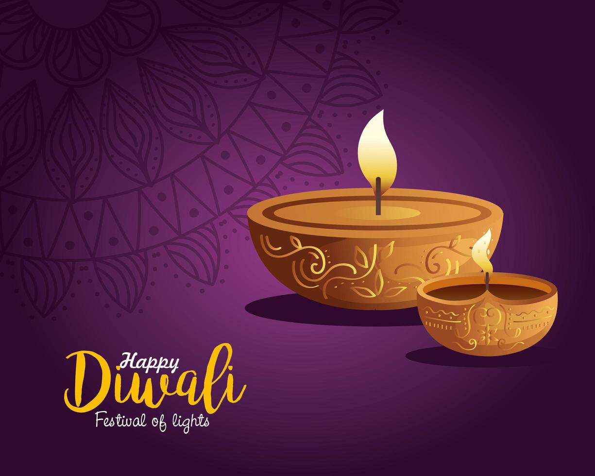 joyeux diwali diya bougies avec mandala sur la conception de vecteur de fond violet