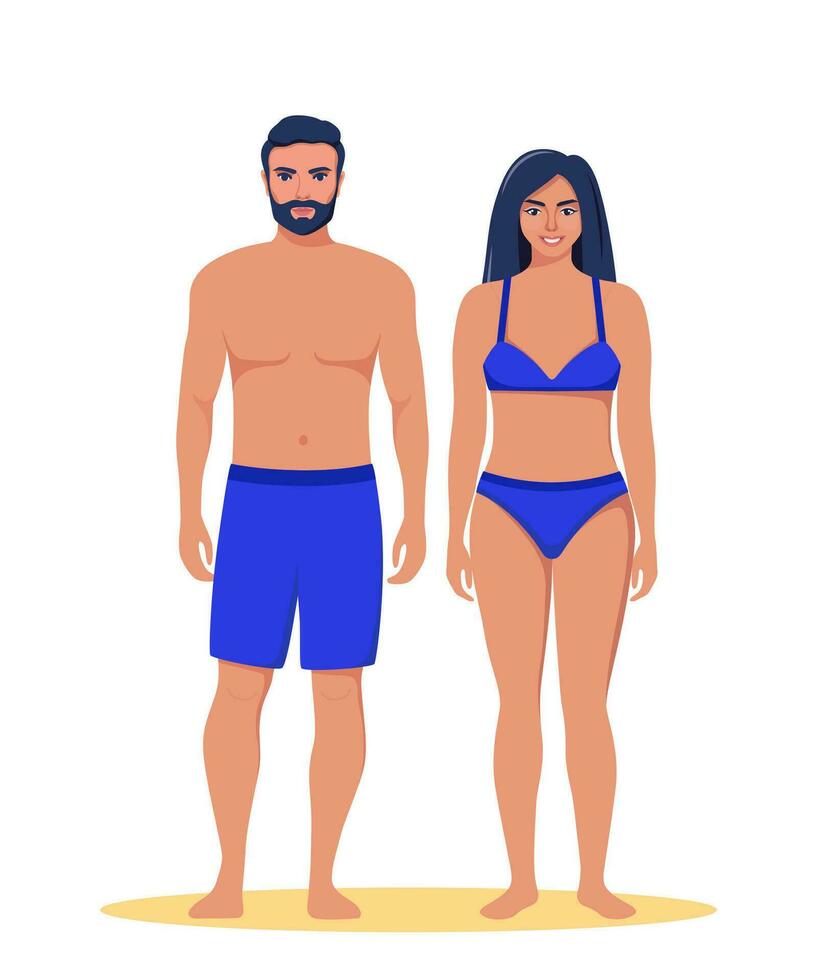 homme et femme habillé dans maillots de bain permanent sur le plage. été les vacances. magnifique fille et gars, couple sur vacances. vecteur illustration.