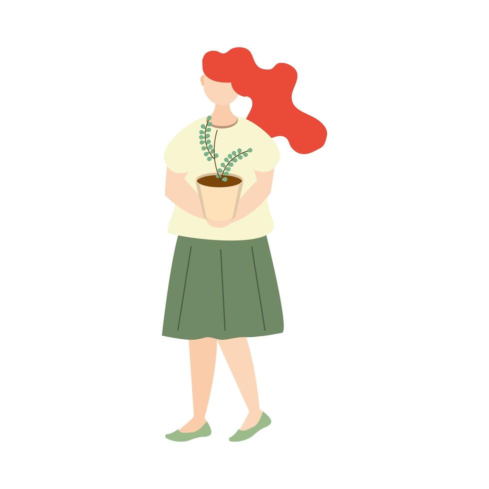 Femme portant l'icône de jardinage de plantes en pot sur fond blanc vecteur
