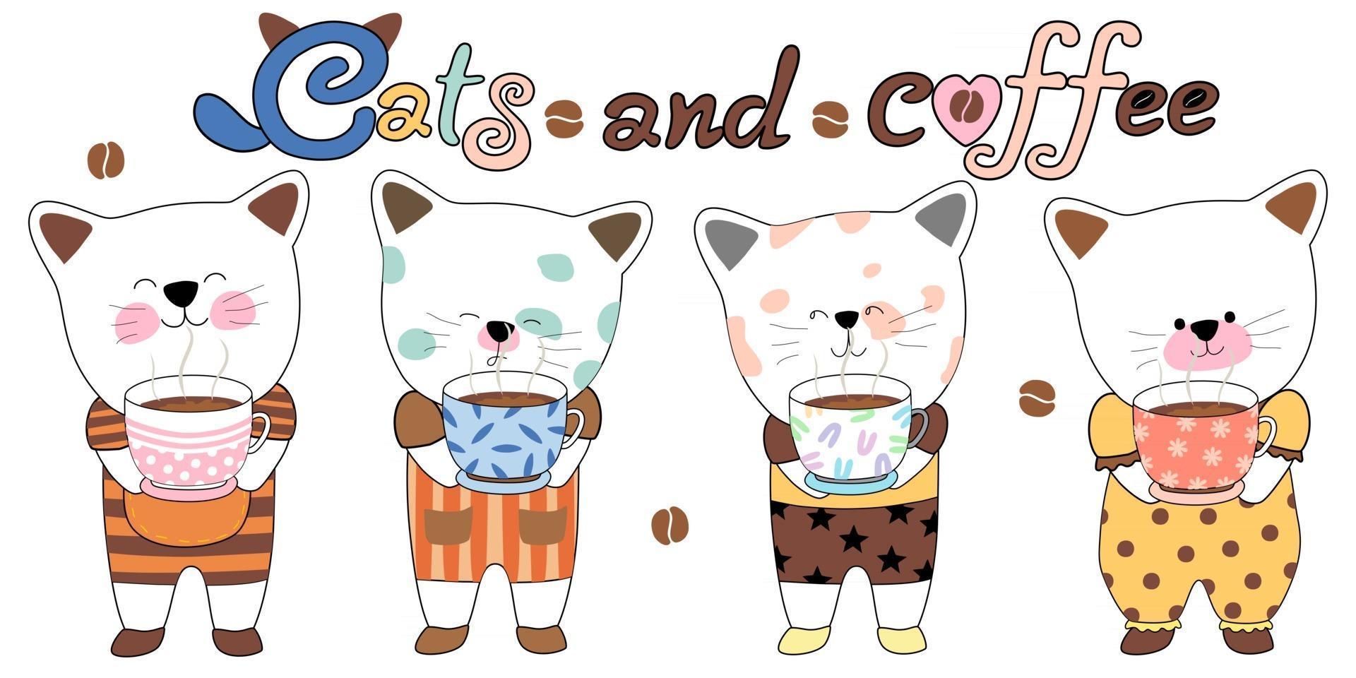 chats et café conçus avec un style doodle dans des tons bruns et peuvent être utilisés à des fins diverses telles que des cartes clip art porte-clés autocollants impression numérique art pour enfants papier numérique décorations de chambre d'enfants t-shirts et plus vecteur