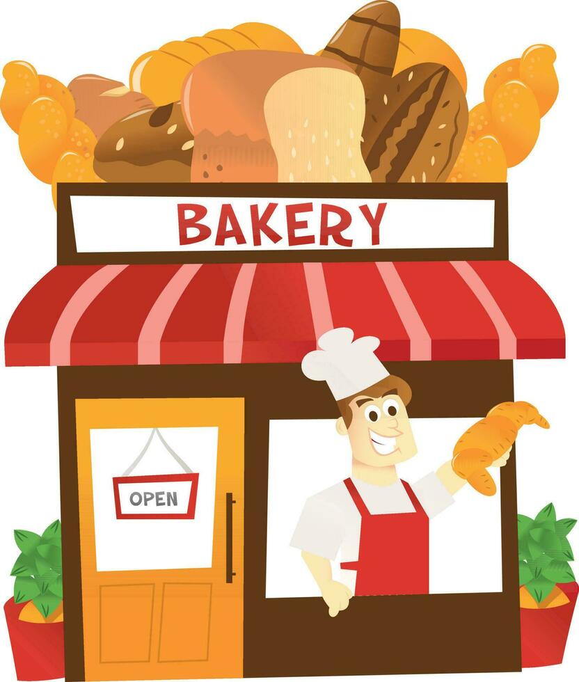 dessin animé boulangerie magasin avec magasinier à le fenêtre vecteur