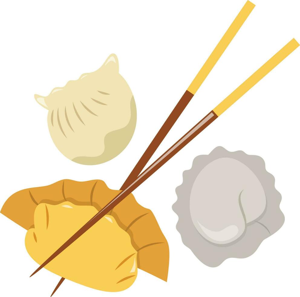 dessin animé chinois Dumplings baguettes vecteur