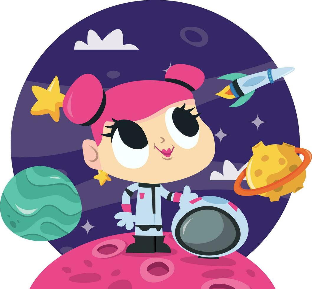 super mignonne dessin animé espace aventure astronaute fille vecteur