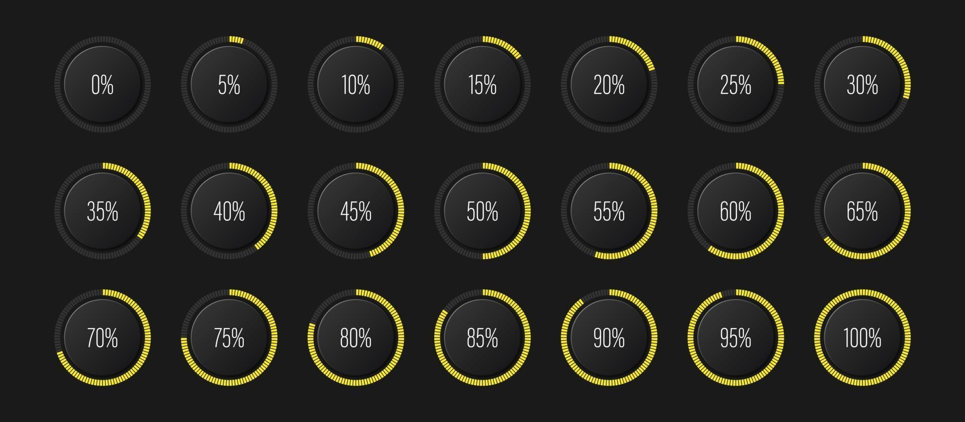 ensemble de diagrammes de pourcentage d'arc en demi-cercle barre de progression mètres de 0 à 100 pour l'interface utilisateur de conception Web ui ou indicateur infographique avec jaune vecteur