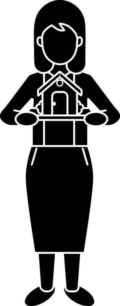 Jeune fille en portant Accueil icône dans noir et blanc couleur. vecteur