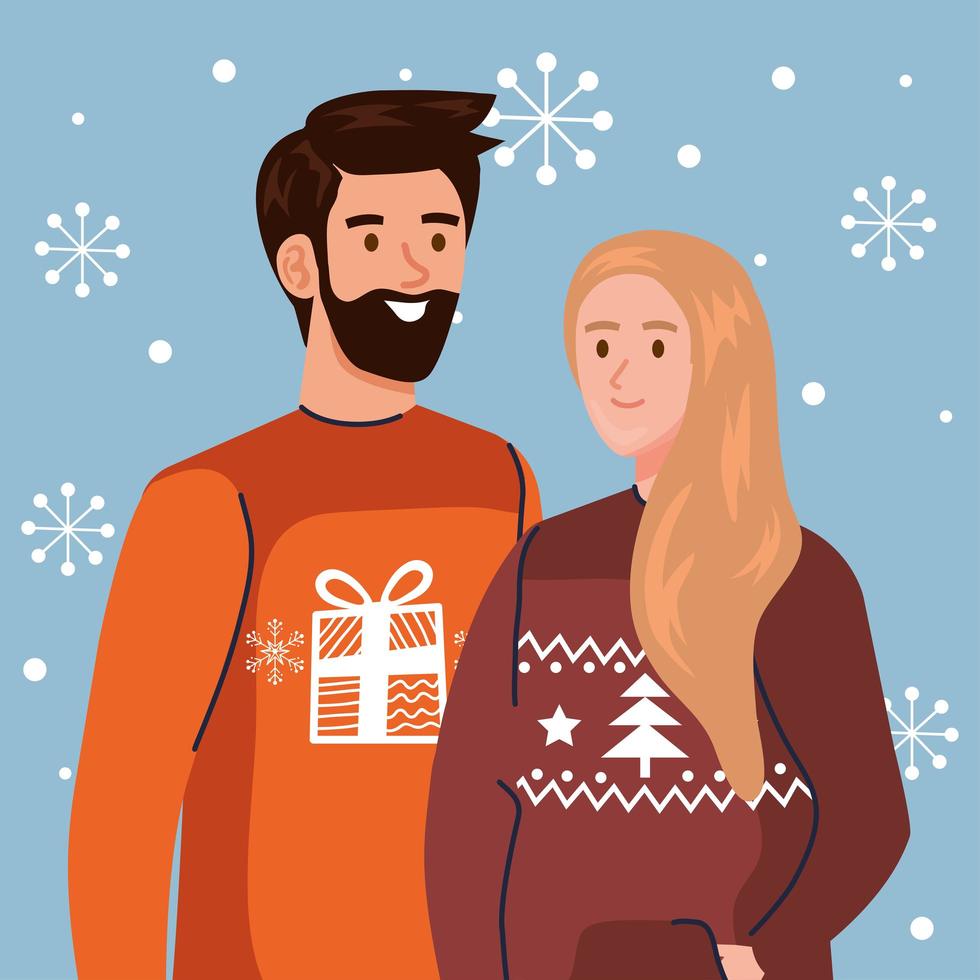 homme et femme avec joyeux noël chandails vector design