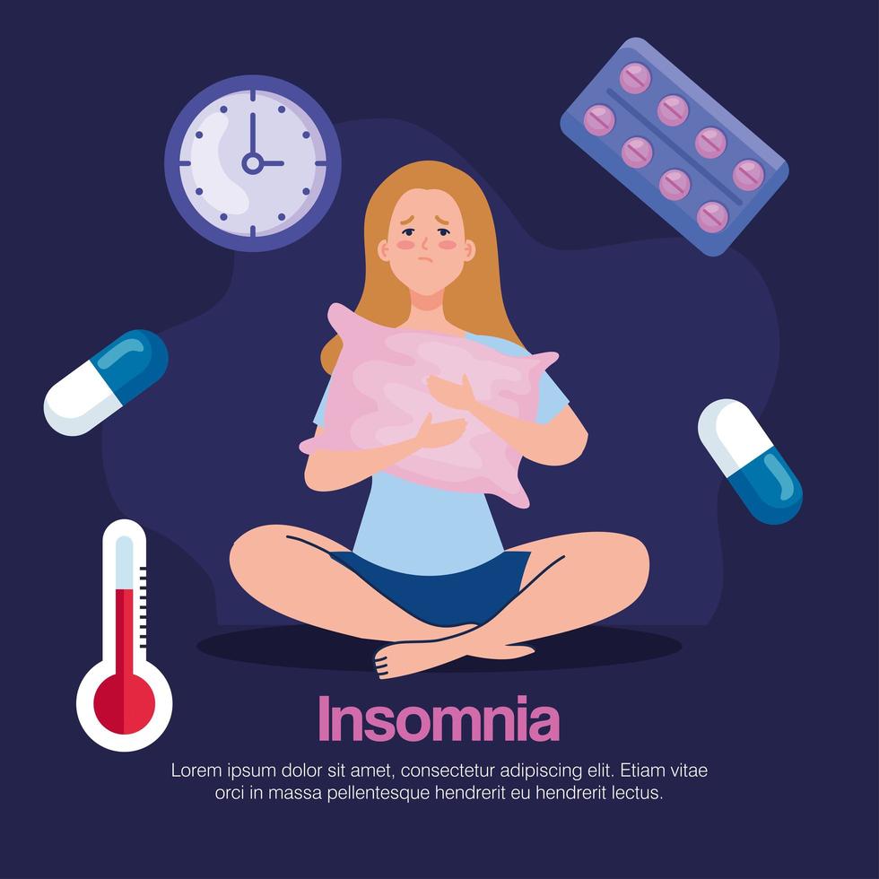 insomnie, femme, à, oreiller, et, icon set vector design