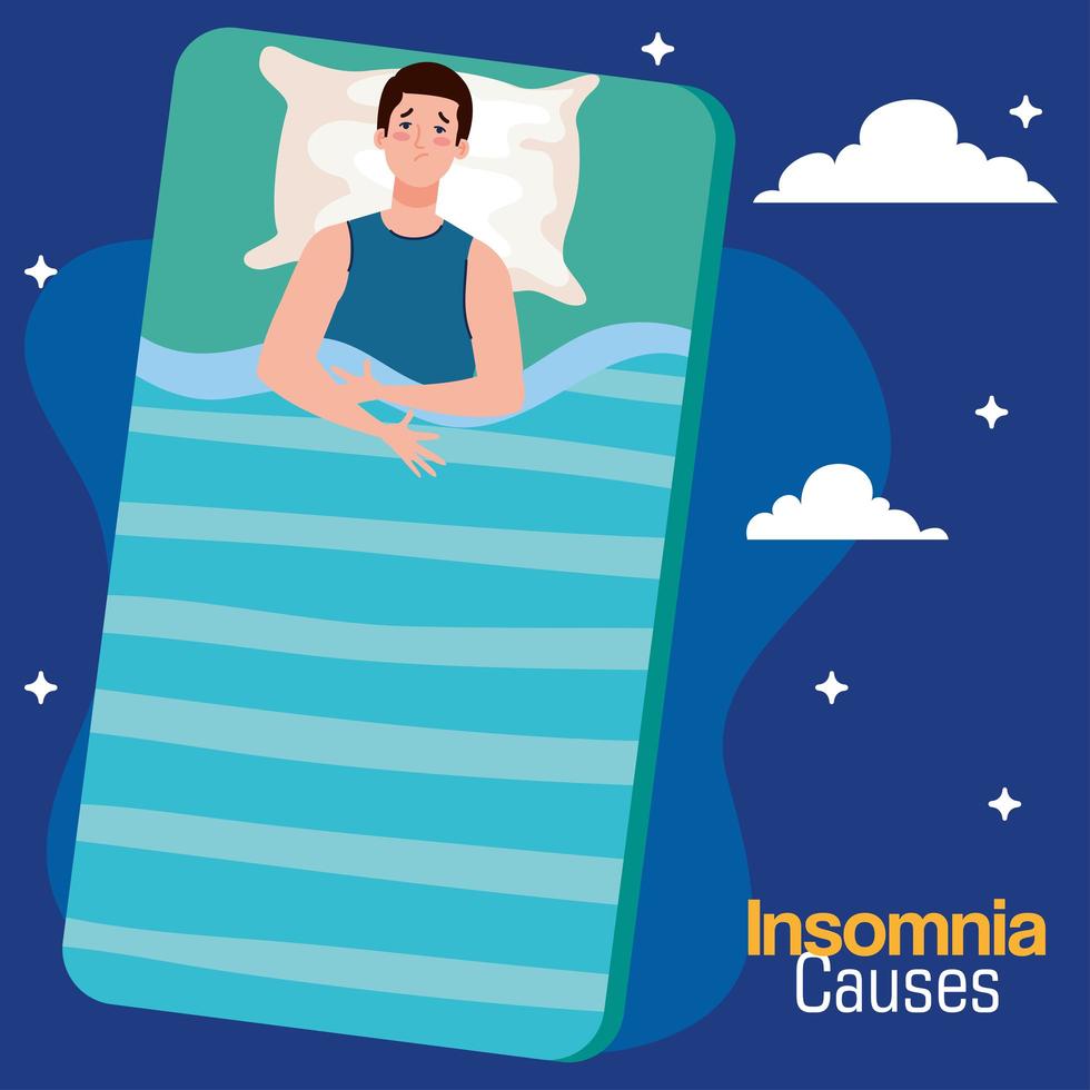 L'insomnie provoque l'homme sur le lit avec la conception de vecteur d'oreiller et de nuages