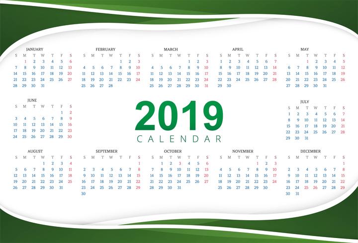 Calendrier 2019 Modèle avec fond de vague vecteur