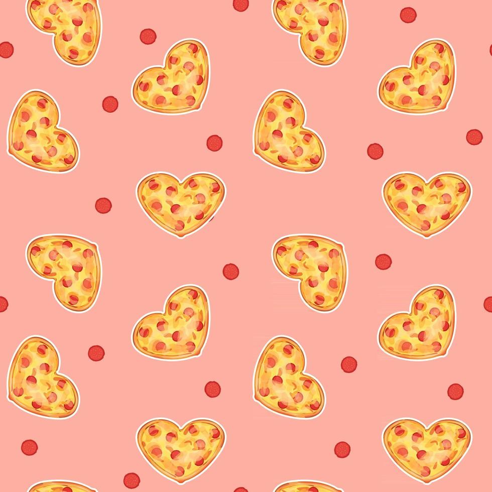 Modèle de répétition sans couture de pizza en forme de coeur avec saucisse et fromage sur fond rose vecteur