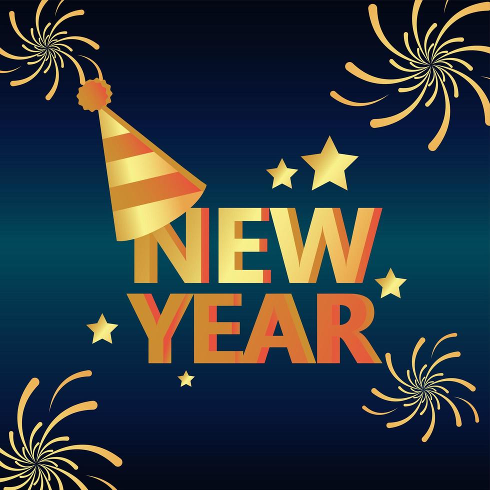 carte de lettrage doré nouvel an avec chapeau de fête et feux d'artifice vecteur