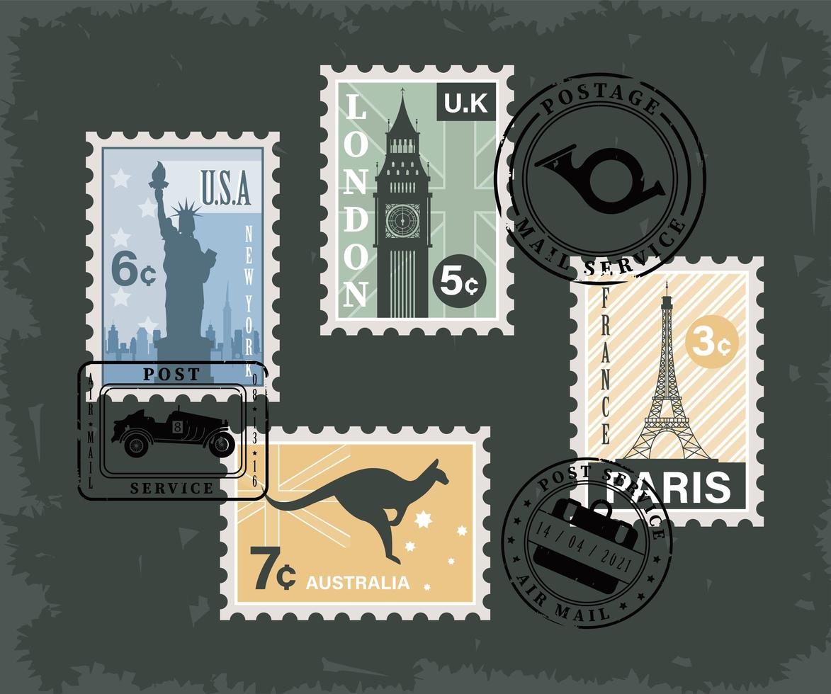 sept timbres-poste vecteur