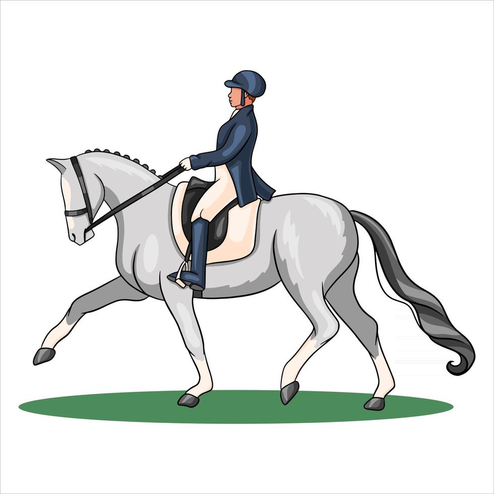 équitation, femme, équitation, cheval dressage, dans, dessin animé, style vecteur