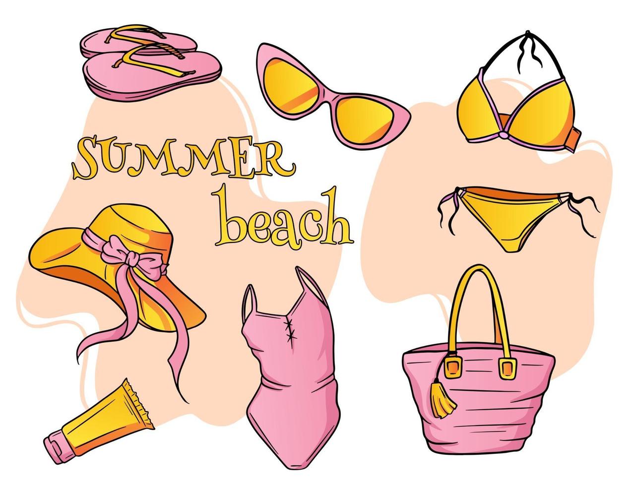 essentiels de la plage d'été pour femmes en style cartoon vecteur