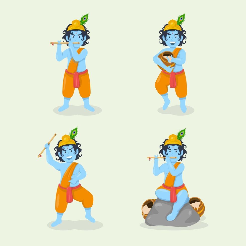 personnage de dessin animé de krishna pose pour célébrer janmashtami vecteur