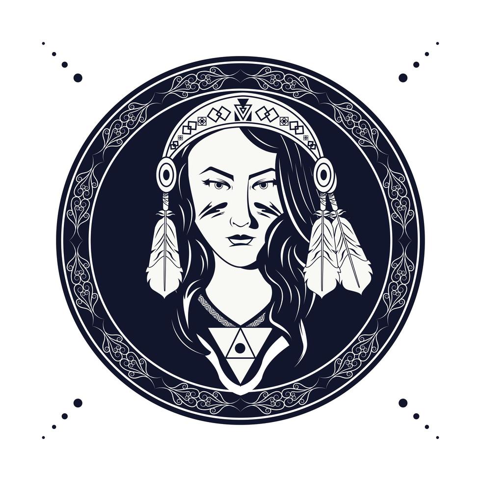 femme amérindienne, à, plumes, bandana, dans, cadre circulaire, style tribal vecteur