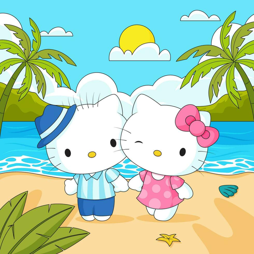 mignonne chat couple vacances sur le plage vecteur