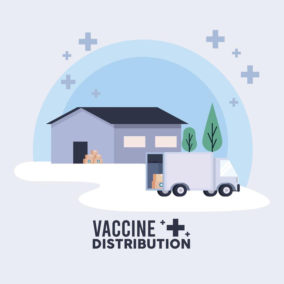 Thème de la logistique de distribution de vaccins avec entrepôt et camion vecteur