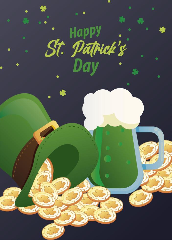 joyeux jour de la saint patrick lettrage avec des pièces en elfe tophat et bière vecteur