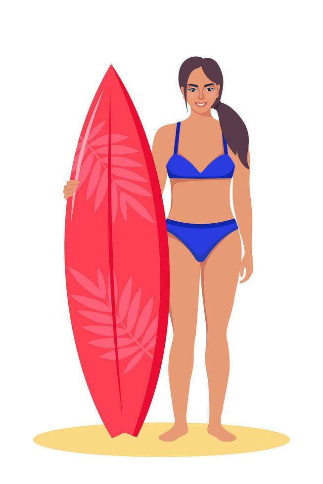 Jeune femme surfeur avec planche de surf permanent sur le plage. souriant surfeur fille. vecteur illustration.