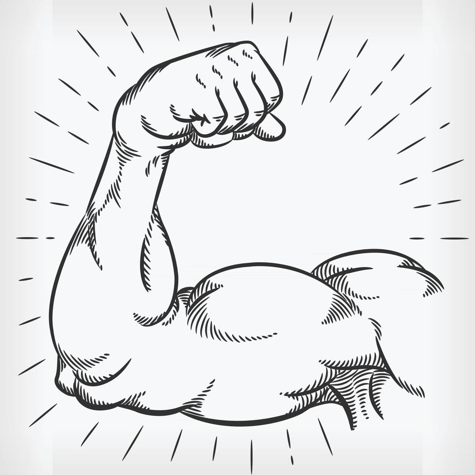Croquis de bras fort flexion de muscle doodle illustration de dessin à la main vecteur