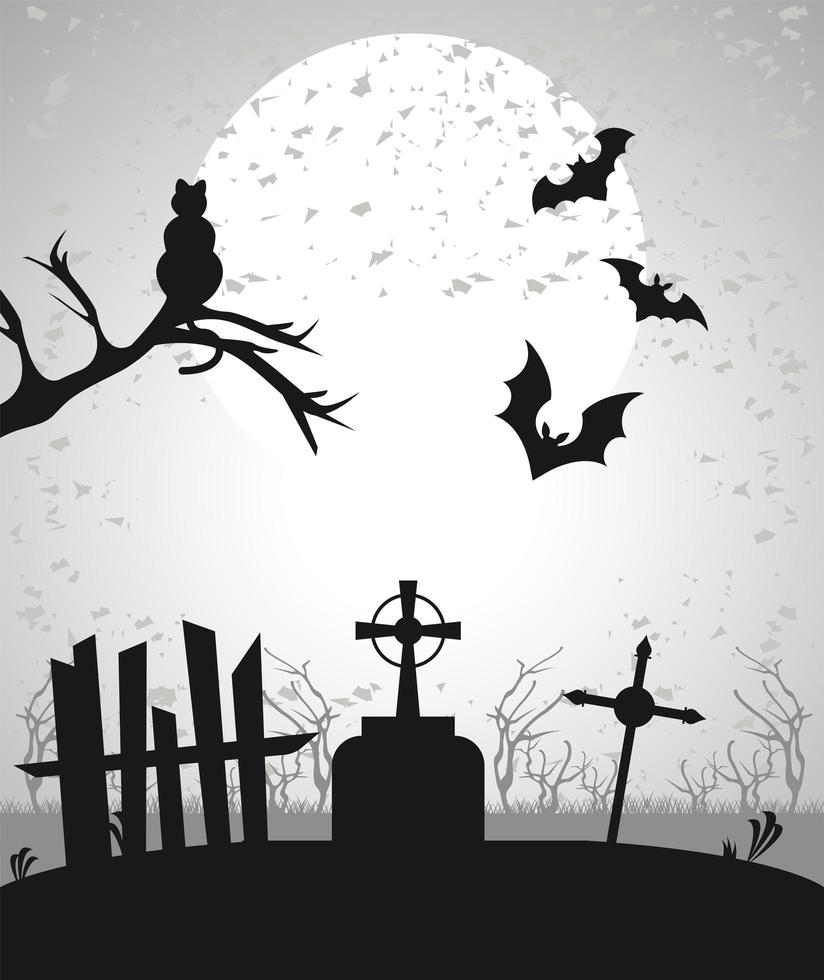 joyeux halloween carte de fête avec des chauves-souris volant dans la scène du cimetière vecteur