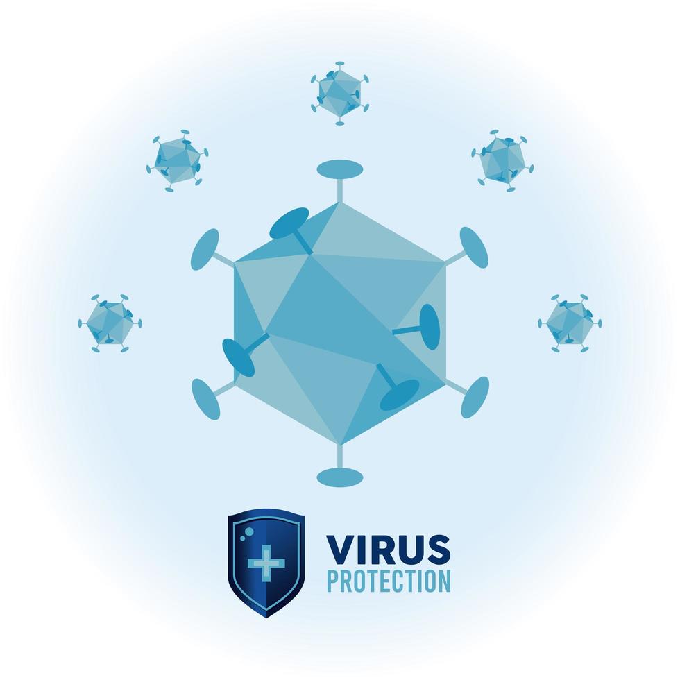 lettrage de protection antivirus avec bouclier et particules covid19 vecteur