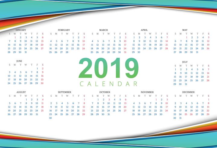 Calendrier 2019 Modèle avec fond de vague vecteur