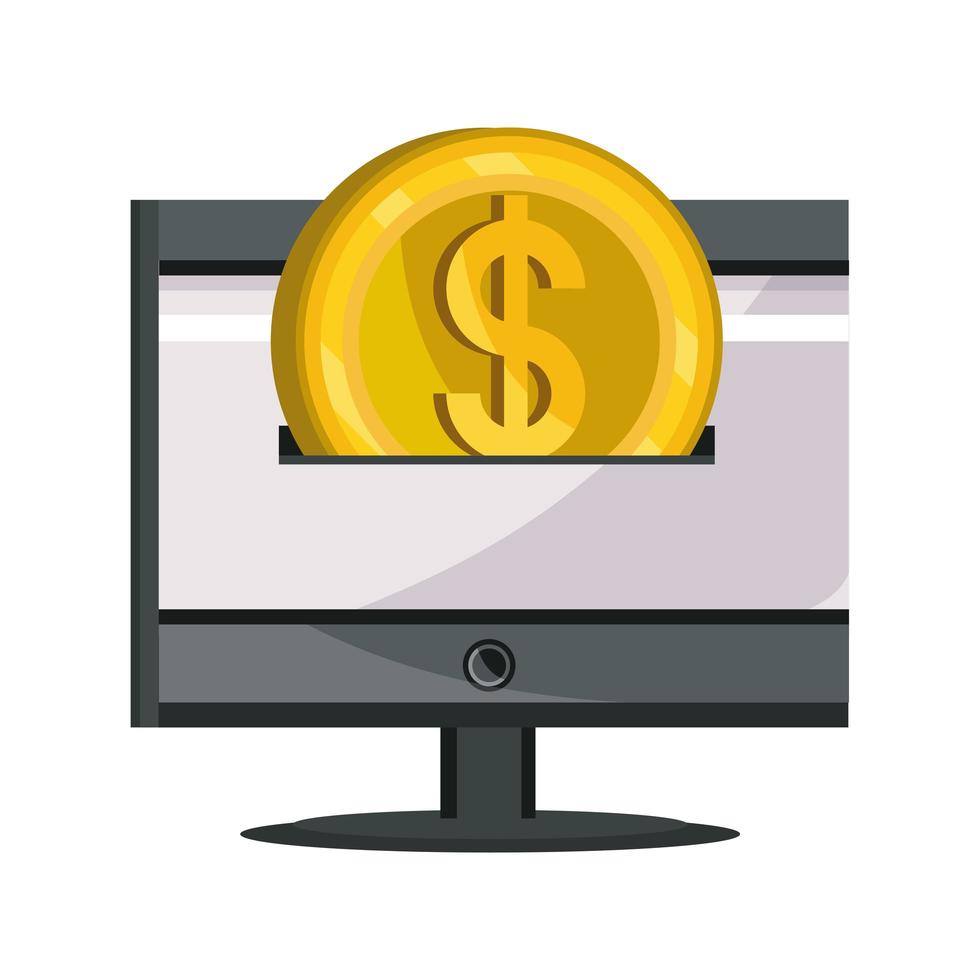 Paiements en ligne ordinateur pièce d'argent inséré ombre icône plate vecteur