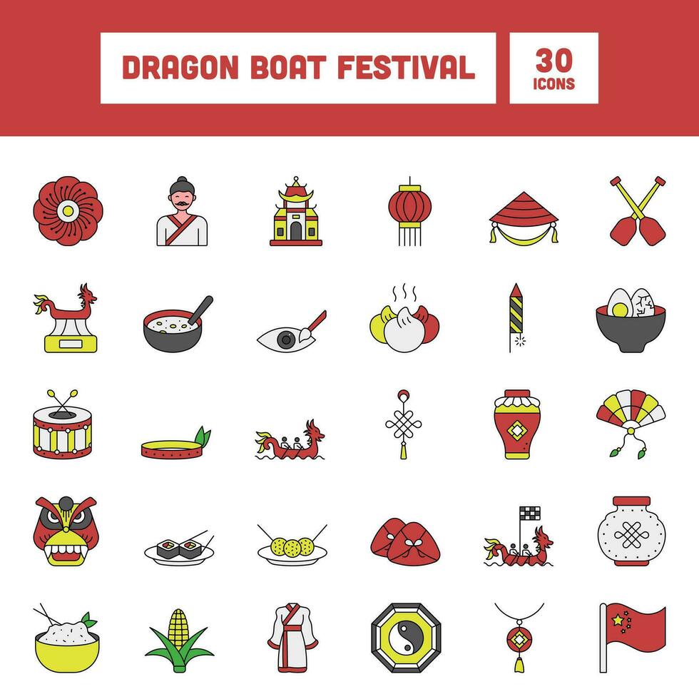 30 dragon bateau Festival coloré icône dans plat style. vecteur