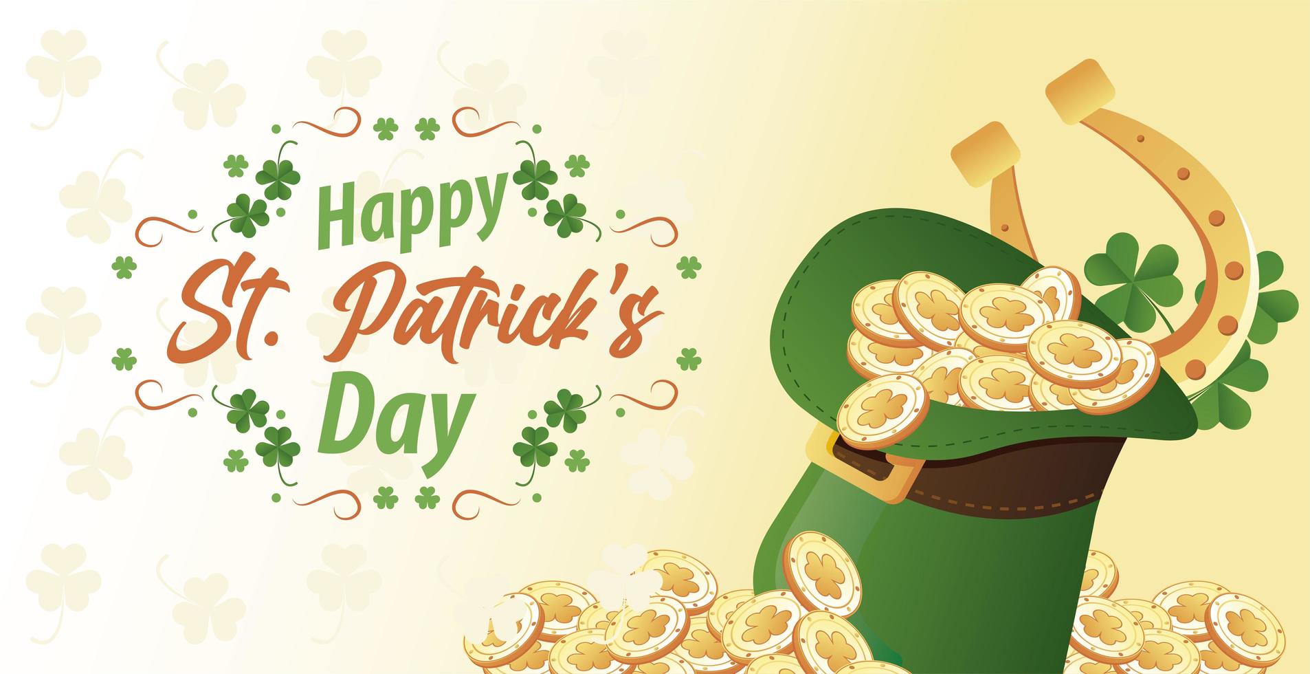 joyeux jour de la saint patrick lettrage avec des pièces de monnaie et fer à cheval en elfe tophat vecteur