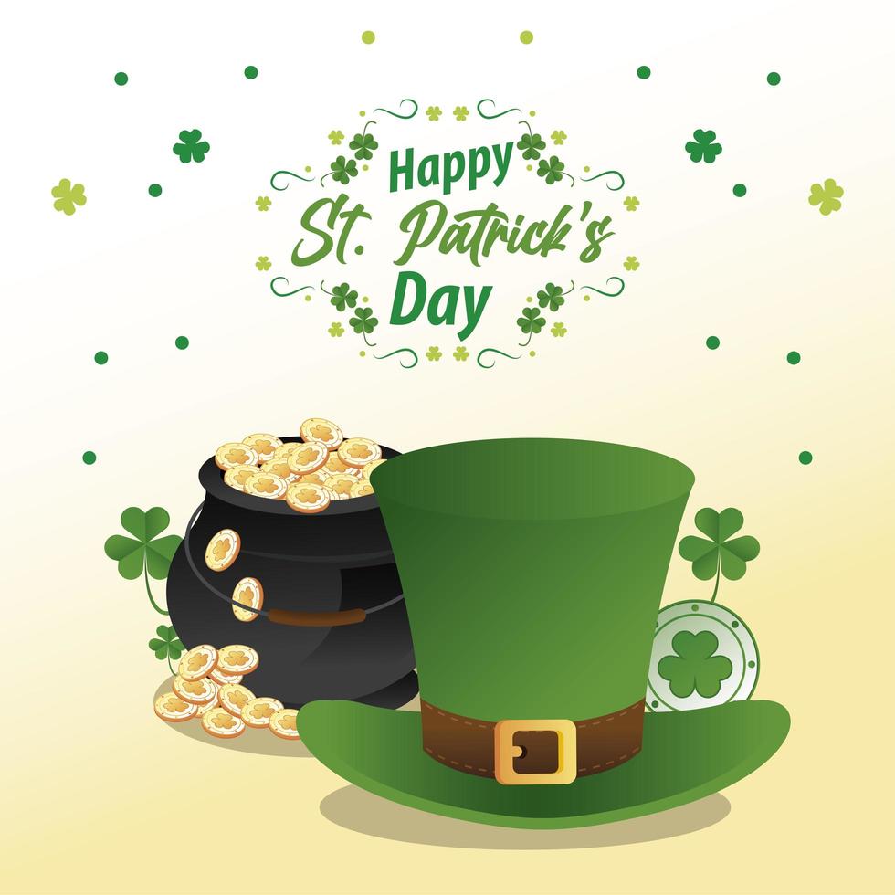 joyeux jour de la saint patrick lettrage avec trésor en chaudron et chapeau elfe vecteur