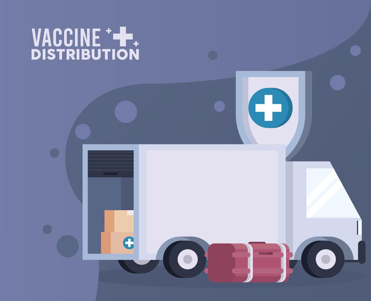 Thème de la logistique de distribution de vaccins avec congélateur et camion vecteur