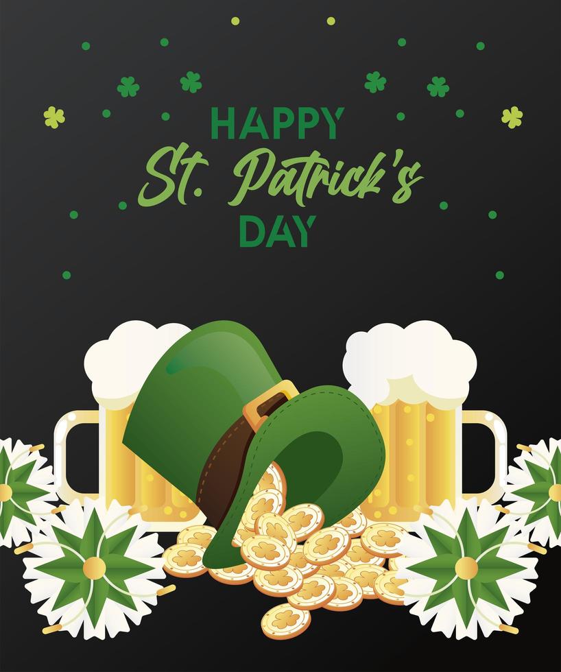 joyeux jour de la saint patrick lettrage avec des bières et des pièces de monnaie en tophat vecteur