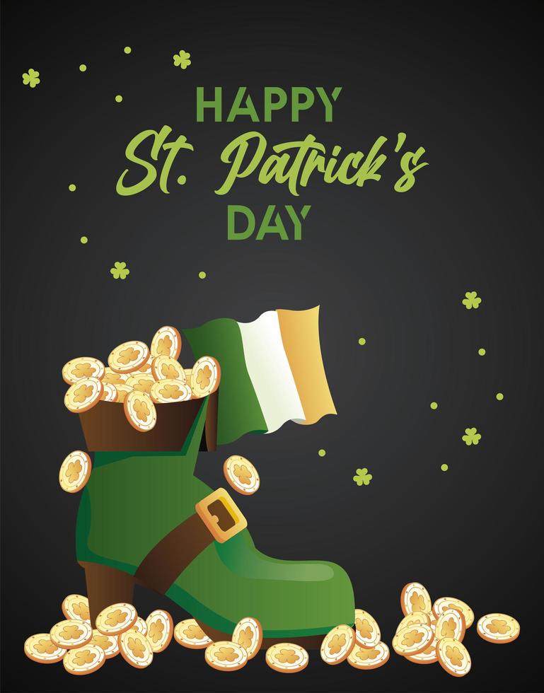 joyeux jour de la saint patrick lettrage avec trésor en botte elfe et drapeau irlandais vecteur