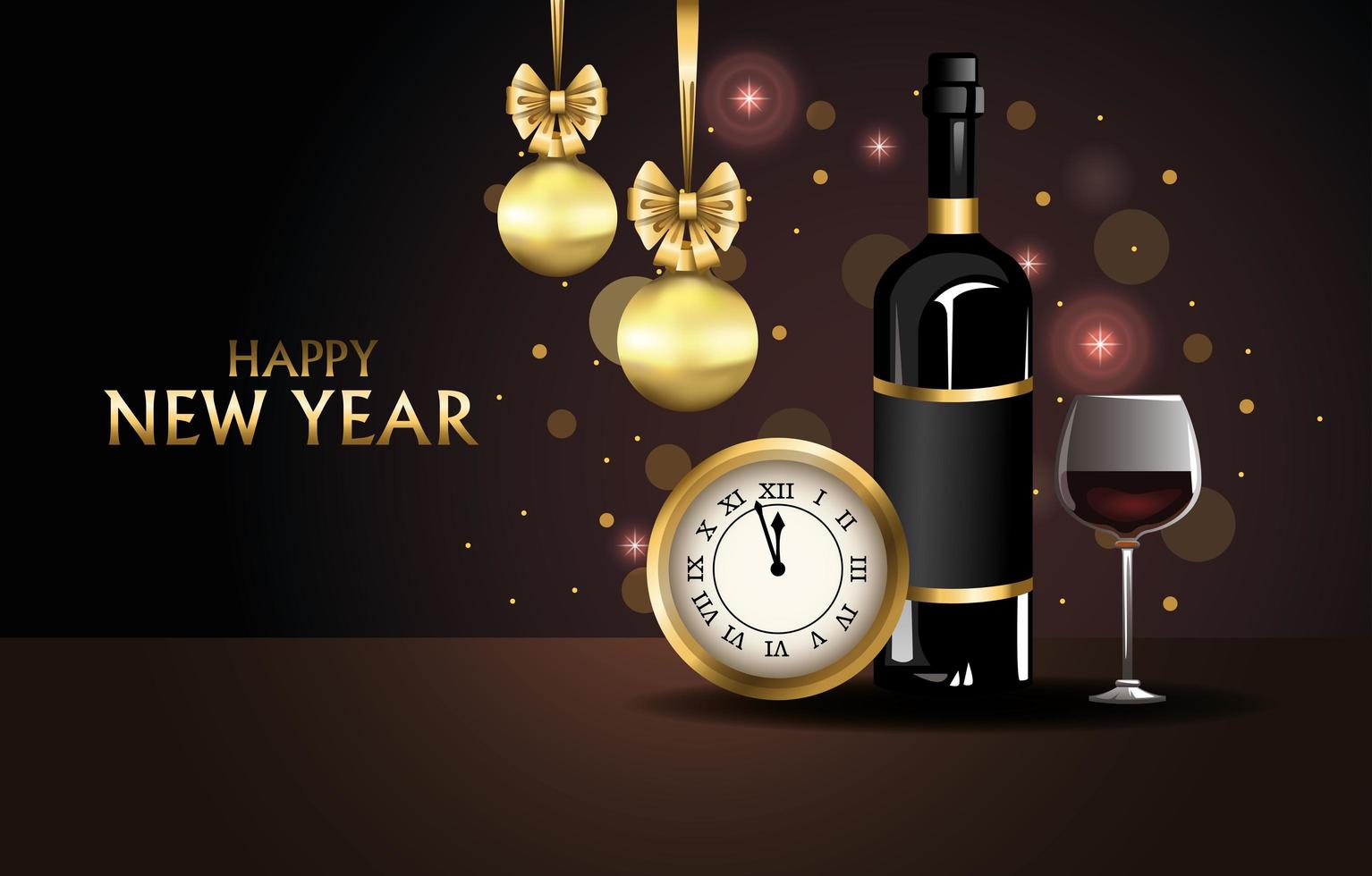 carte de bonne année avec montre et vin vecteur