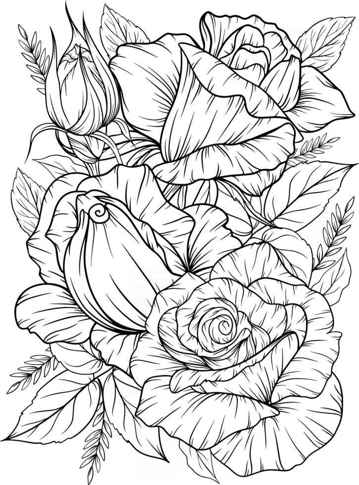 Coloriage avec des roses et des feuilles contour noir et blanc, dessin au trait de fleur à colorier antistress vecteur