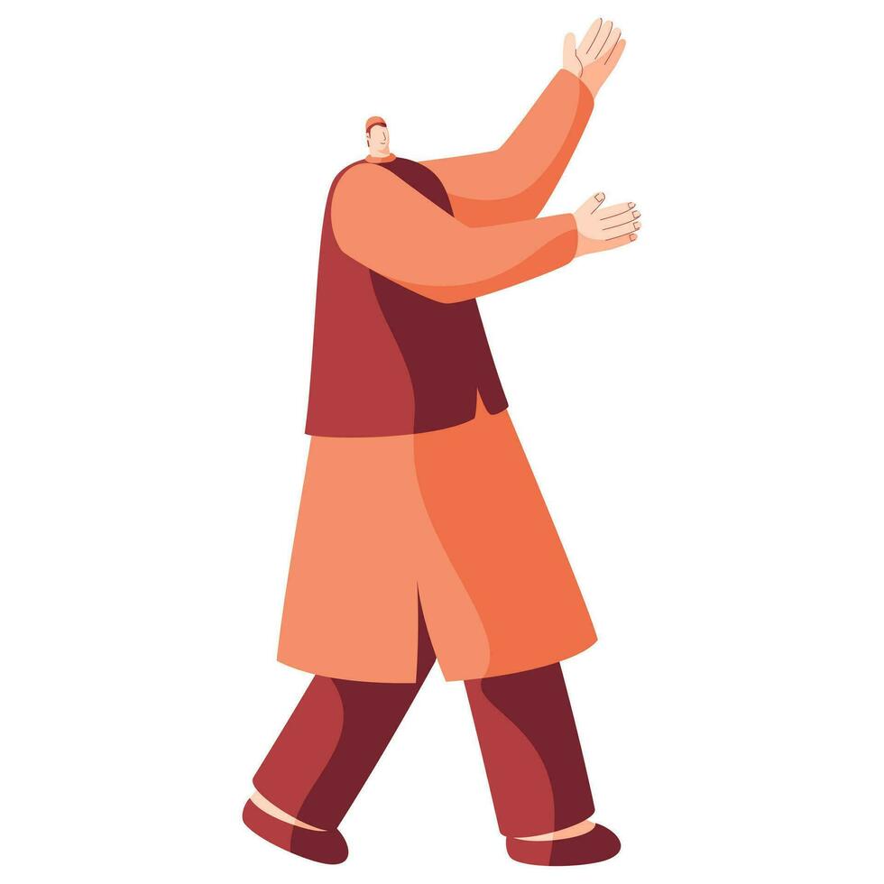 dessin animé musulman homme élevage mains ou montrant main geste dans permanent pose. vecteur
