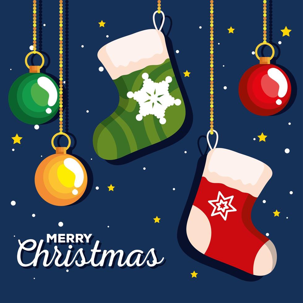 chaussettes de Noël avec des boules suspendues bannière du nouvel an et joyeux Noël vecteur