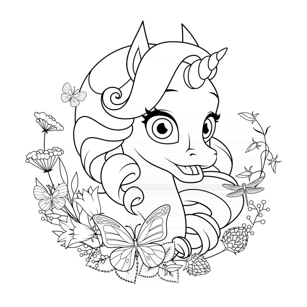 Licorne de bébé mignon entouré de fleurs et de papillons à colorier illustration vectorielle vecteur