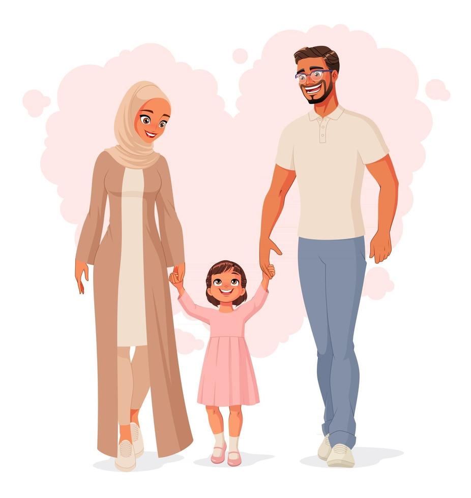 heureuse famille musulmane main dans la main et illustration vectorielle de marche vecteur