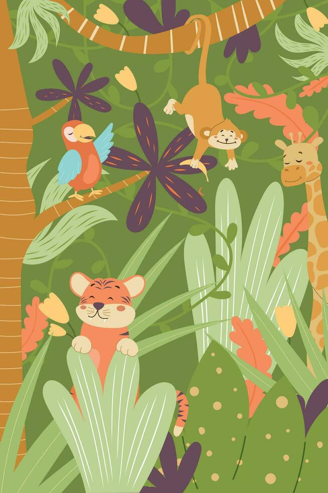 tropical dessin animé jungle avec paume des arbres et vignes. sauvage bébé africain animaux. vecteur vert bébé Contexte avec forêt tropicale