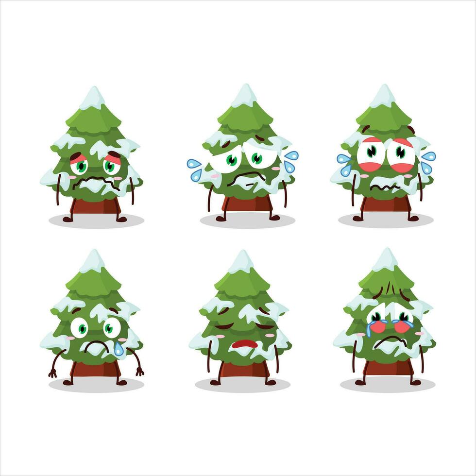 vert neige Noël arbre dessin animé personnage avec triste expression vecteur