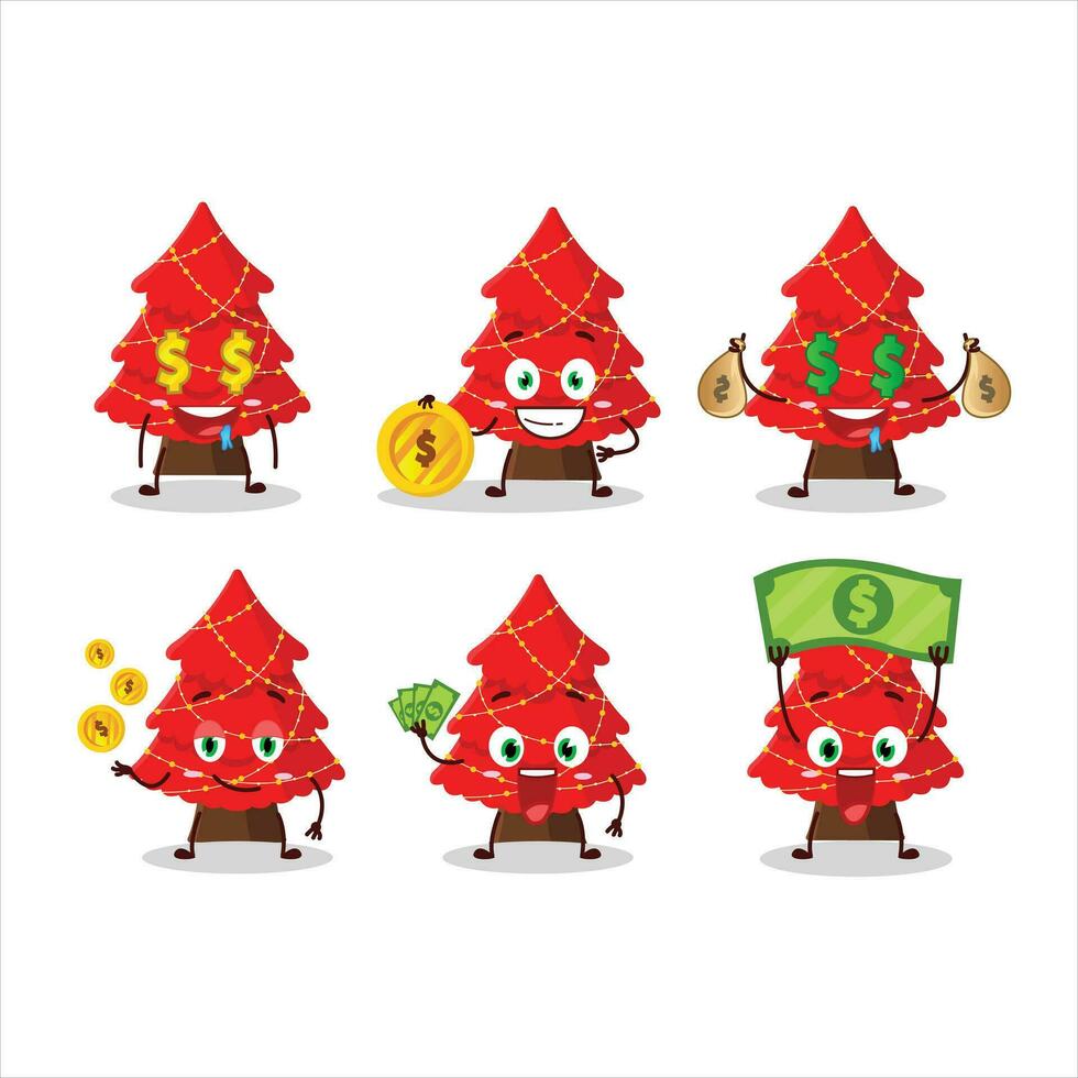 rouge Noël arbre dessin animé personnage avec mignonne émoticône apporter argent vecteur