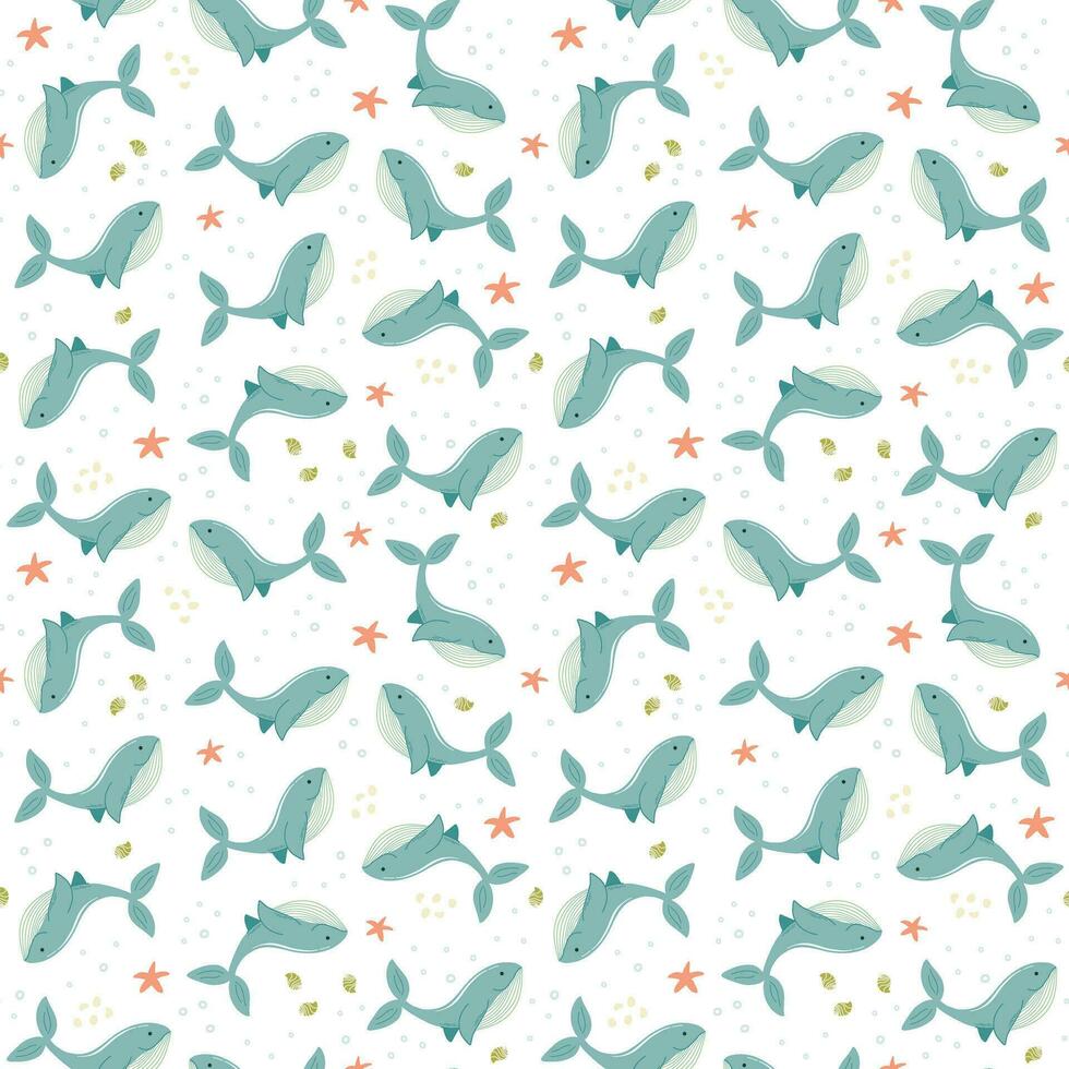 mignonne été Contexte avec main tiré baleines, coquilles, étoiles de mer. bébé garderie sans couture modèle. vecteur illustration pour textile, fond d'écran, emballage et tout impressions.