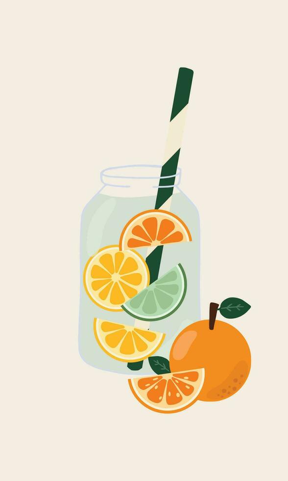 main tiré vecteur illustration de fruit infusé l'eau dans une verre pot. différent assortiment des fruits et des légumes dans une l'eau pour désintoxication et rafraîchissement pour une tropical vacances