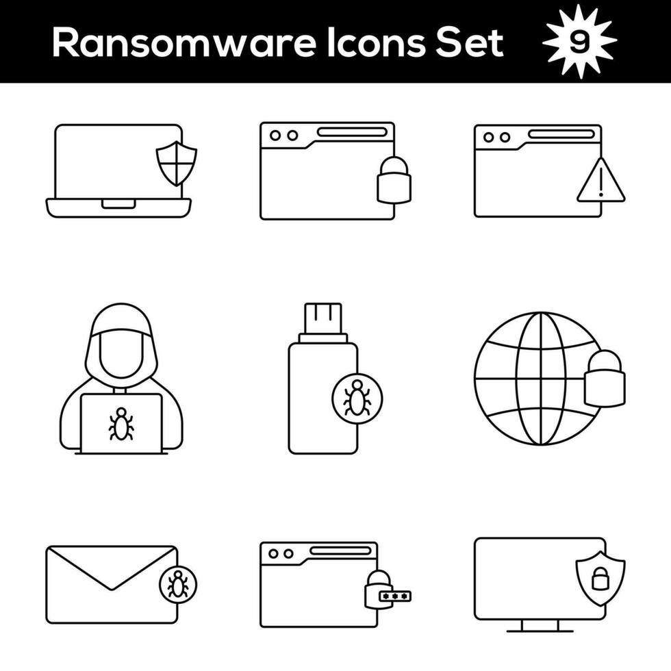 noir ligne art ensemble de ransomware icône dans plat style. vecteur