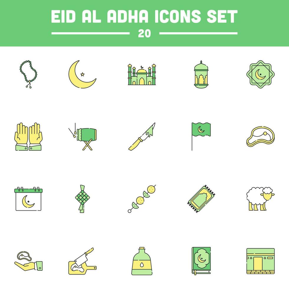 20 eid Al adha icône ensemble sur vert et Jaune sur blanc carré Contexte. vecteur